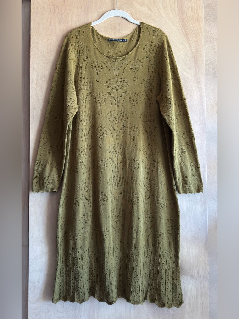 Gudrun Sjoden Olive Green Pointelle Knit Botanical Lagenlook Dress Women’s L